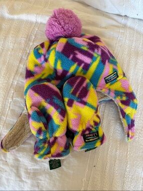 L.L. Bean Kids' Fleece Pom Hat & Mittens - Pink, Yellow, Blue, Purple